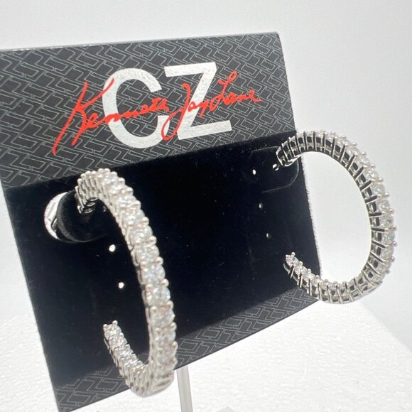 Kenneth Jay Lane Earrings CZ Hoop Inside Out Silver Tone Original Card - Picture 2 of 6